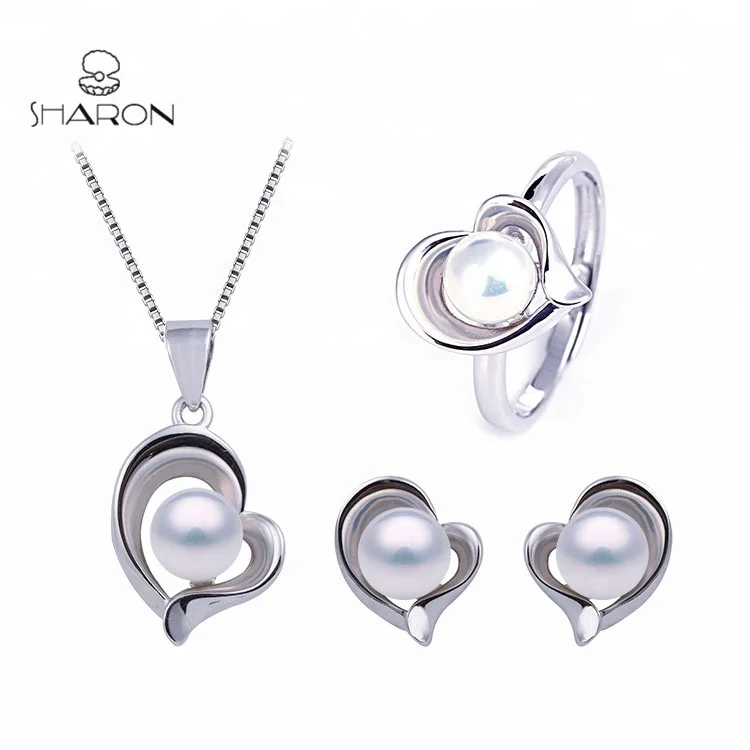 

Fashion Bridal Heart 925 Sterling Silver Women Natural Freshwater Pearl Set For Jewelry, Silver color