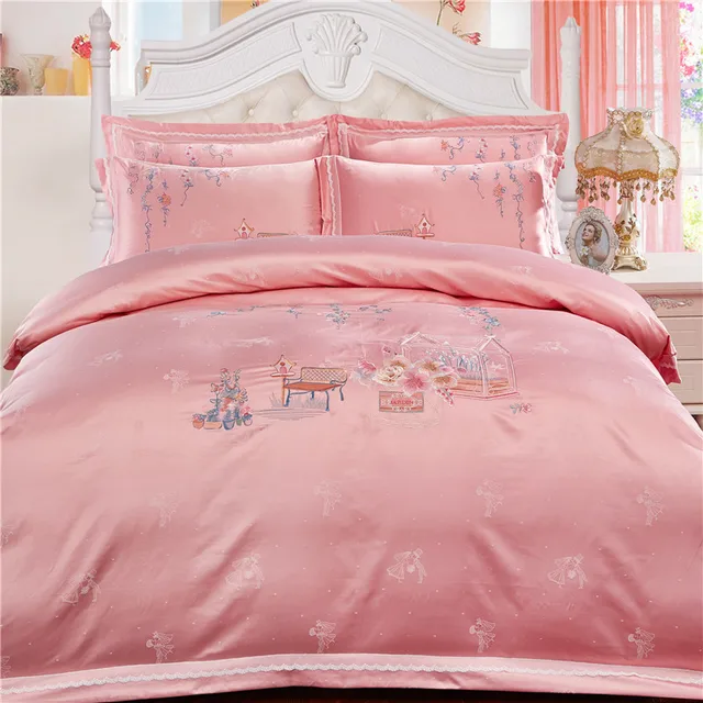 Luxury Cotton Satin Jacquard Damask Bedding Sets Pink Embroidery