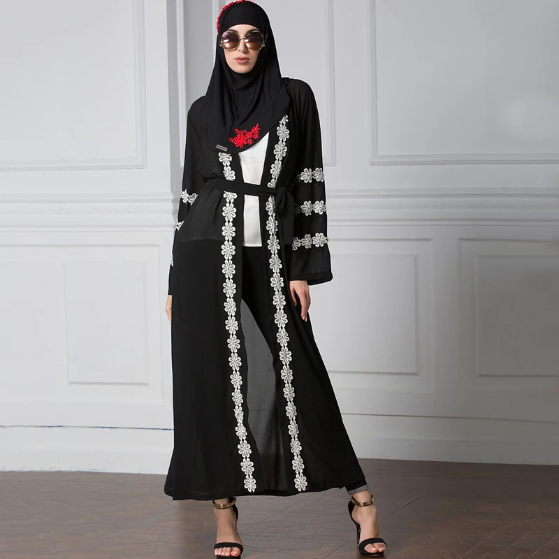 

Elegant Muslim Women Clothes Long Sleeve Chiffon Abaya Long Front Open Coat 4Xl Islam Ladies Black Lace Abaya