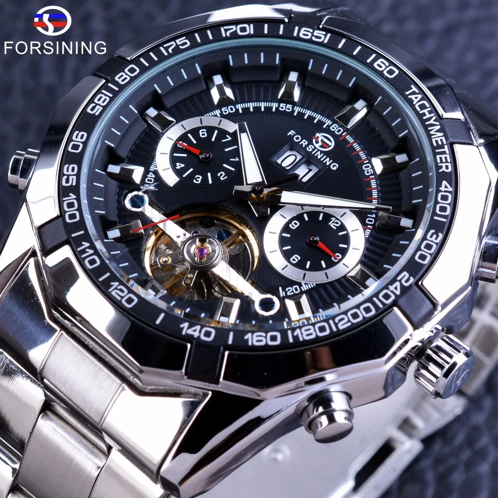 

Forsining 2019 Luxury Automatic Military WristWatch Tourbillon Watch Calendar Display Silver Stainless Steel Watches Men Wrist, 1-color