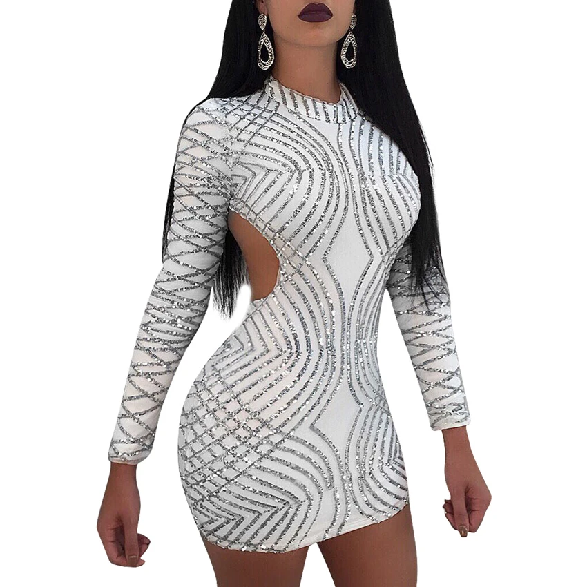 

2019 Newest style hot sale women long-sleeved sequined halter nigh club backless dress, N/a