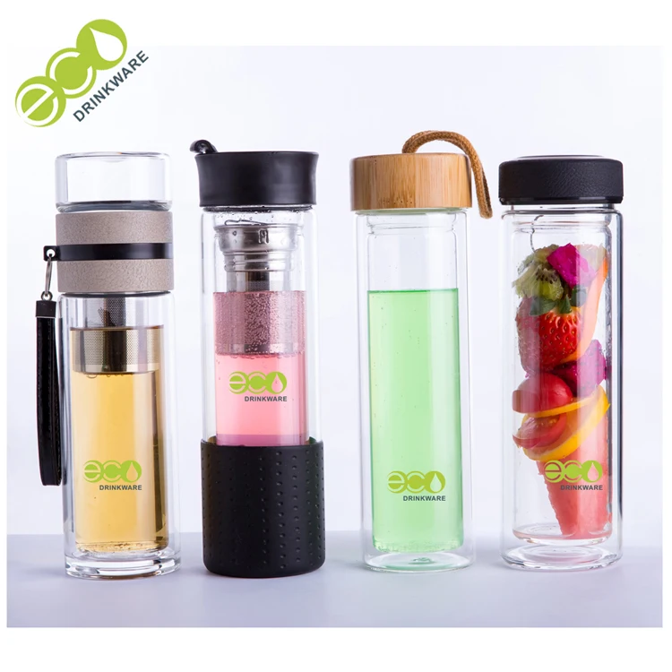GA6015 Custom logo double wall borosilicate glass infuser drinking tea bottle with tea infuser leather feeling lid