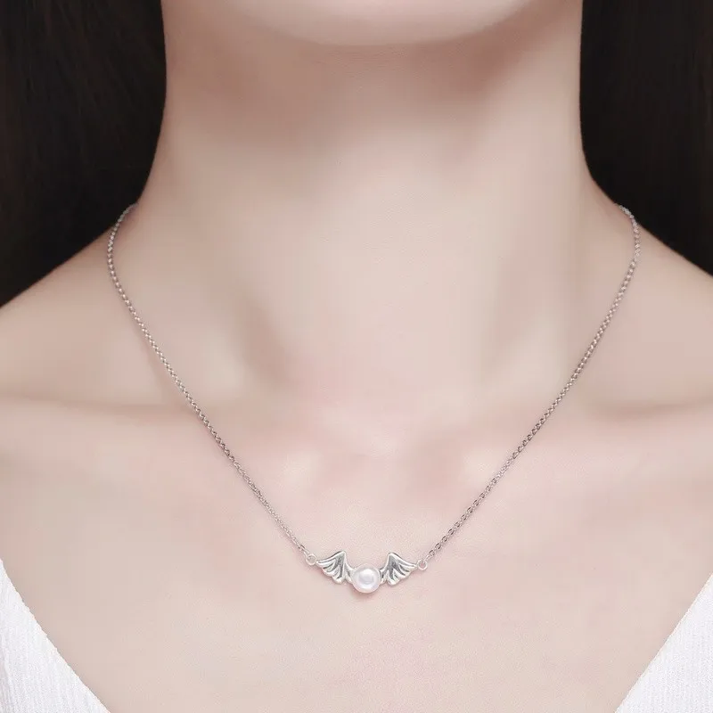 

925 Sterling Silver Freshwater Pearl Angel Pendant Choker Necklace Women
