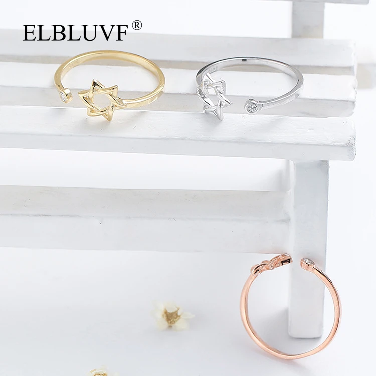 

ELBLUVF 925 Sterling Silver Zircon Star of David Knuckle Toe Finger Ring Jewelry Adjustable Size, Silver / gold / rose gold