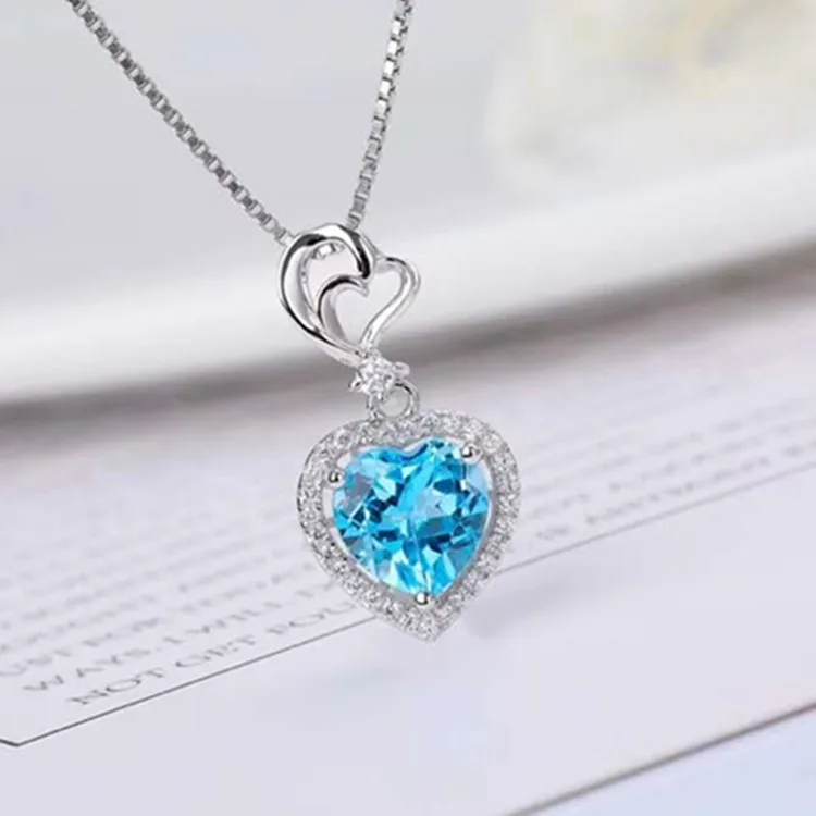 

romantic heart shape jewelry 925 sterling silver 18k gold plated 8mm natural blue topaz gemstone pendant necklace for women
