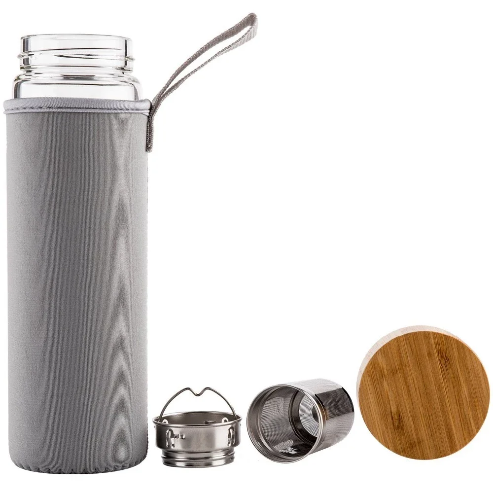 
400ml 500ml Bamboo Lid Double wall Borosilicate Glass Tea Infuser Tumbler Mug With Strainer 