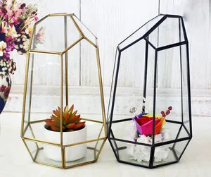 Golden black wedding table decor, indoor garden, clear textured glass plant clear glass geometric terrarium box