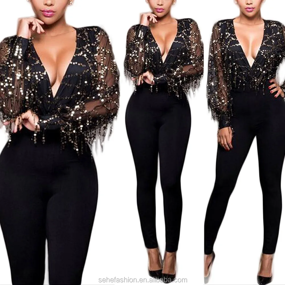 

CM92209 Club wears factory Wholesale cheap sequin see through deep v sexy club jumpsuit glitter long plunge for women