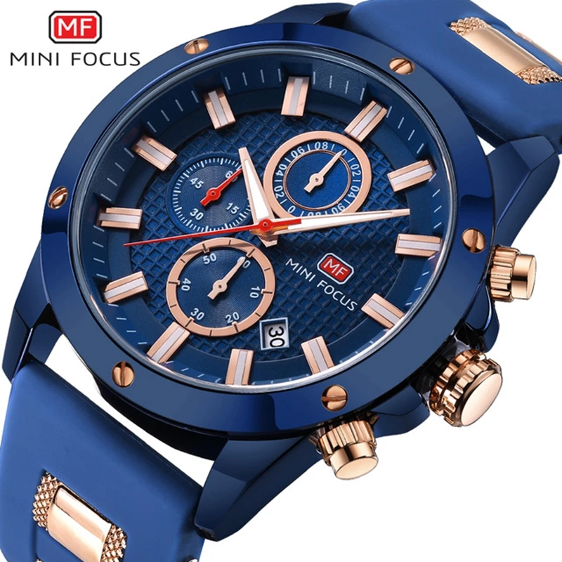 

MINI FOCUS 0089G Fashion Quartz Watch Men Chronograph 3 Sub-dials 6 Hands Calendar Silicone Strap Waterproof Sport Watch