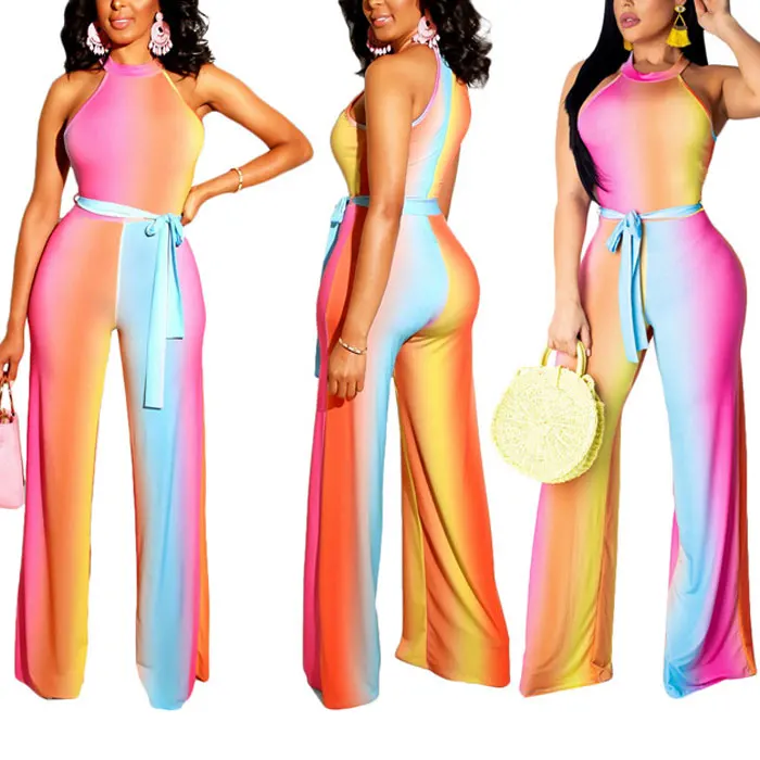 

90305-MX49 custom color printed manufacturer sale halter women jumpsuit