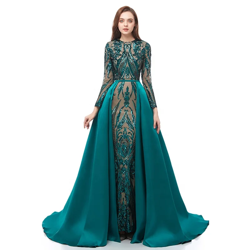 

Luxury Lace Long Sleeve Muslim Evening Dress With Detachable Train Ready To Ship