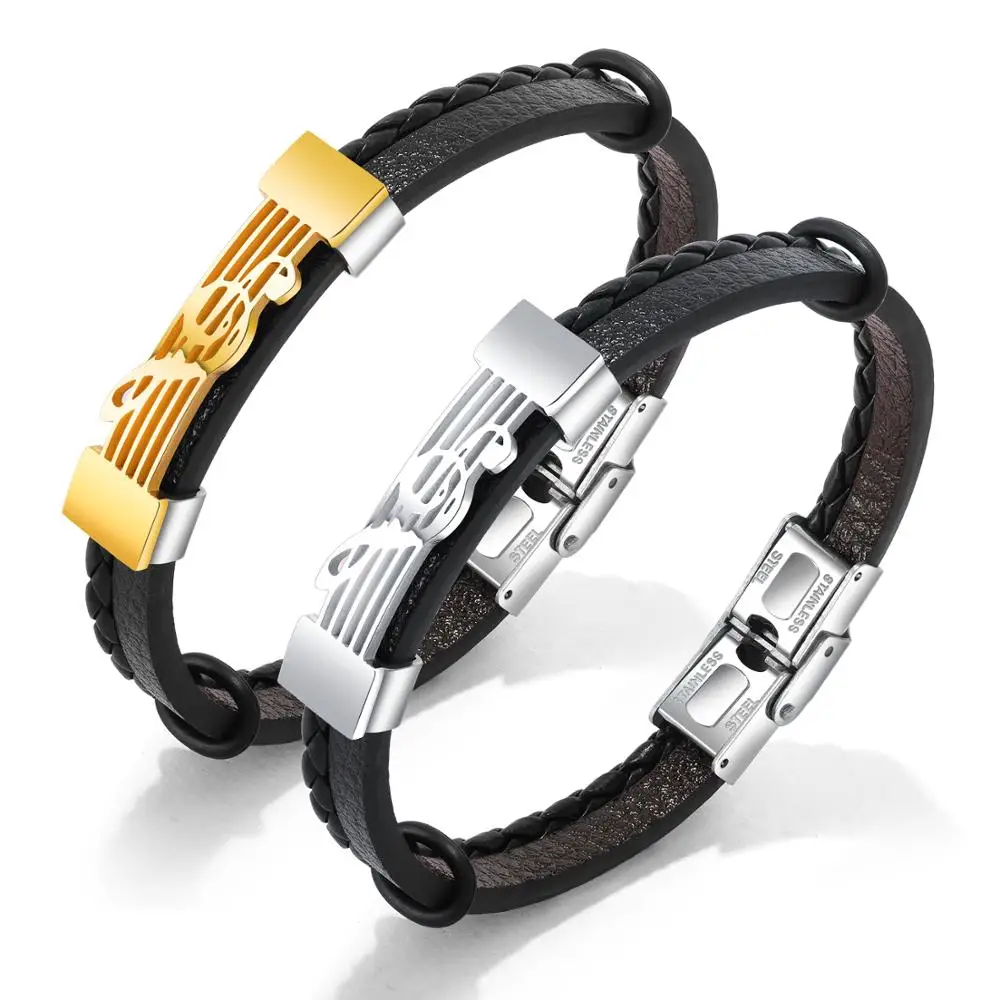 

New design stainless steel musical note multilayer bulk leather bracelet, Gold;steel color