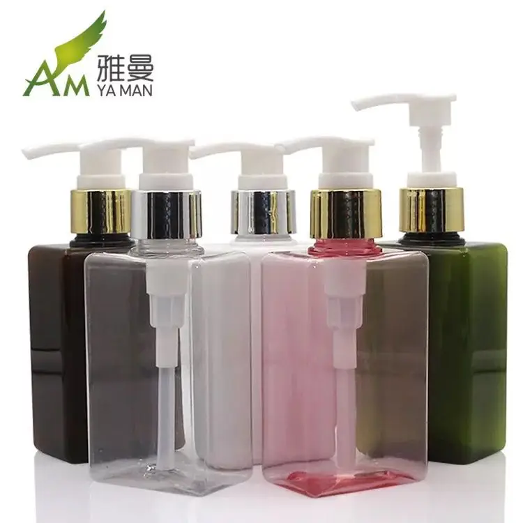 Factory sale cosmetic green packaging 250ml square PET plastic shampoo bottle