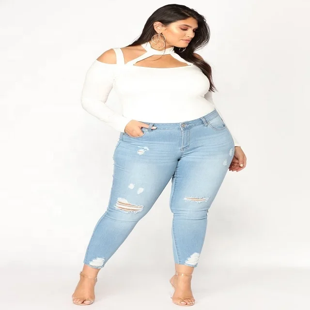 

Wholesale Amazon Hot Sale Plus Size 7XL Knee Ripped Jeans Light Blue Hight-Waist Stretchey Skinny Denim For Women, As picture