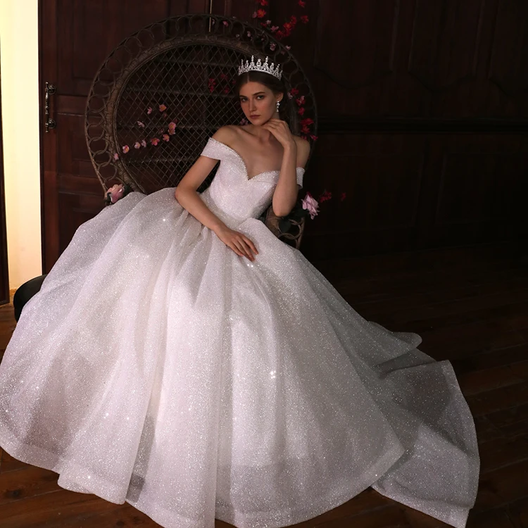 2020 Elegant Customized  Shinny Sparkling Off Shoulder Boat Neck Cap Sleeve Puffy Bridal Ball Gown Wedding Dress for Marriage
