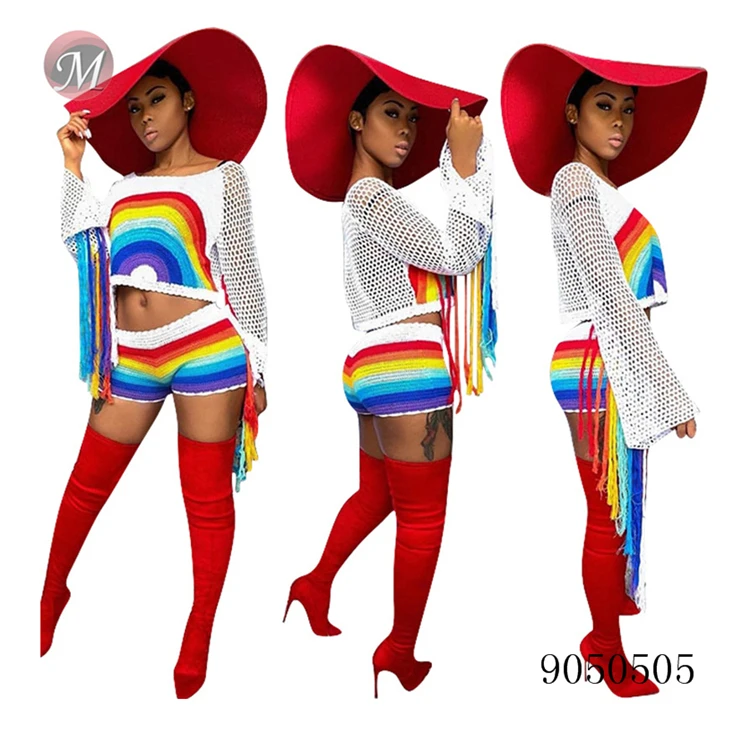 

9050505 queenmoen fashion flared sleeve rainbow knitted top and shorts two piece set with tassel