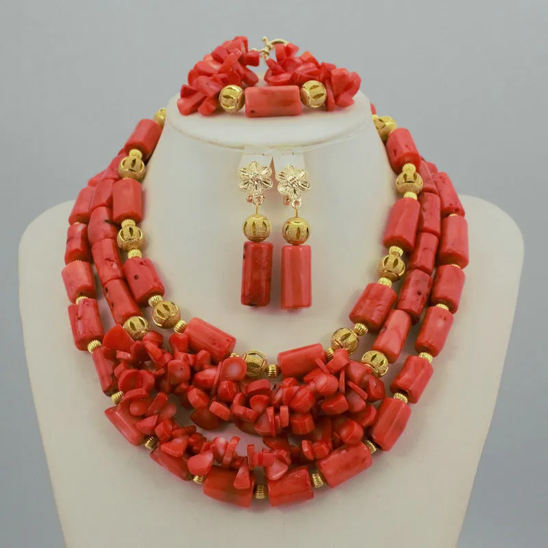 

Fashion Nigerian Wedding African Beads Jewelry Set African Costume Jewelry Sets Coral Beads Necklace Sets, Picture