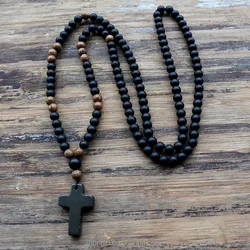 6MM Black stone Wood Beads with black stone cross Pendant Mens Rosary Necklace Mens Mala jewelry Collar