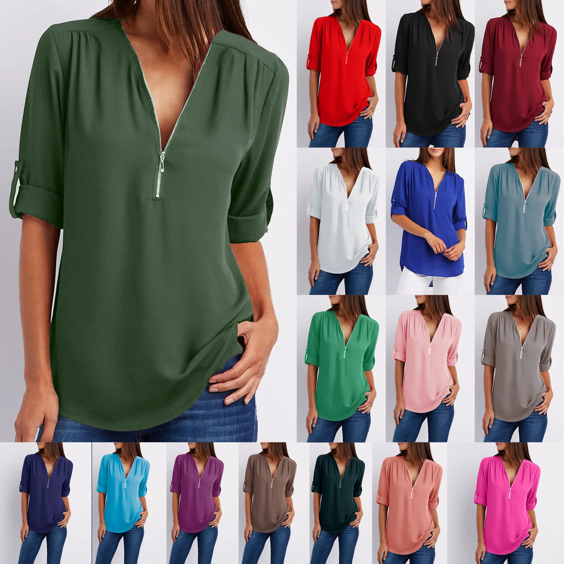 

Zipper Short Sleeve Women Shirts Sexy V Neck Solid Womens Tops And Blouses Casual Shirts Tops Female Clothes Plus Size Tops