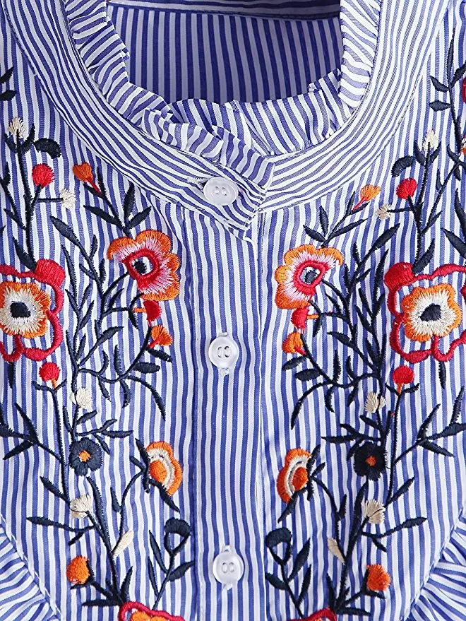 Las Mujeres Rayas Verticales Floral Con Volantes De Manga Las Mujeres Rayas Verticales Floral Con Volantes De Manga