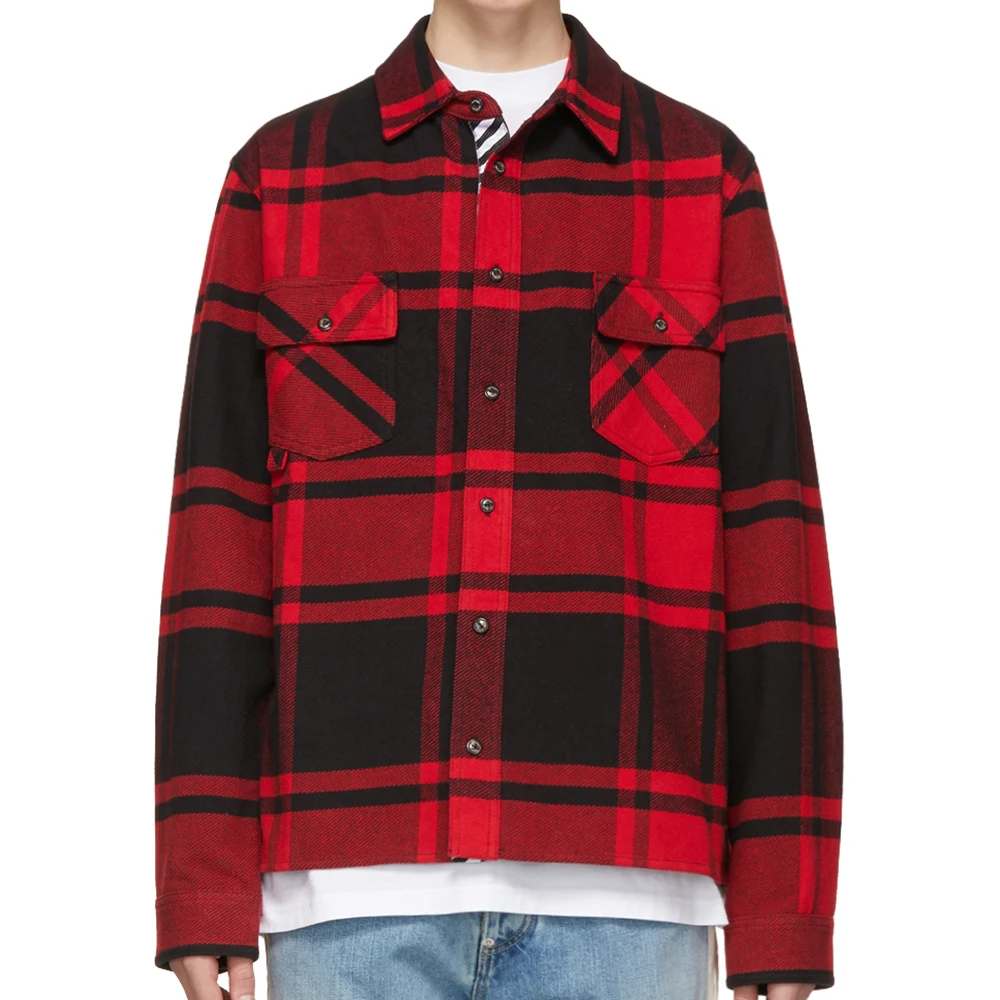 

OEM Service Custom logo Fashion mens casual Red & Black Flannel Stencil oversized shirts for men, As our picture show or any colors you want