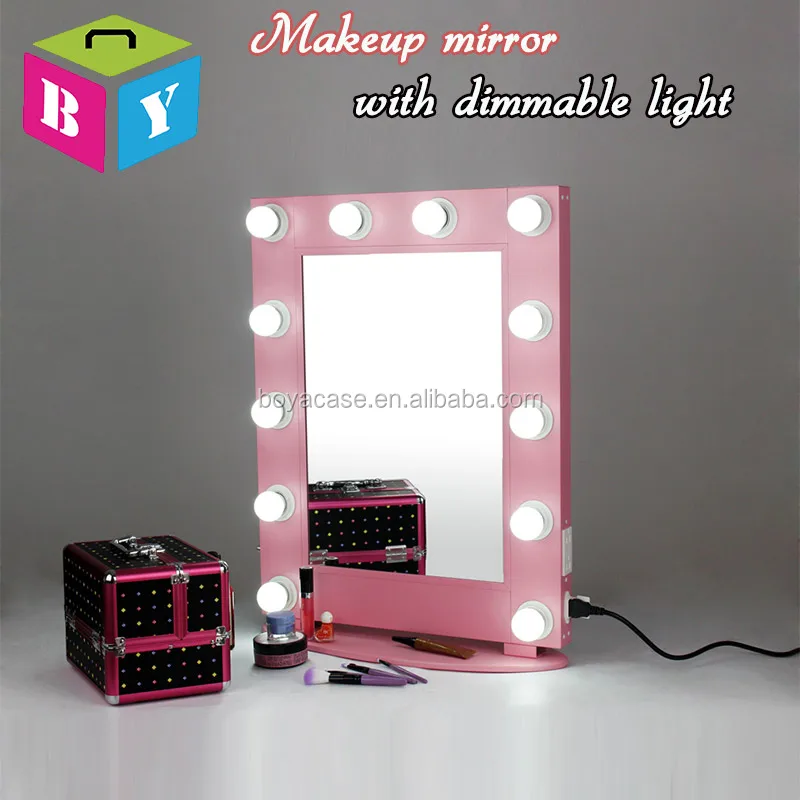 

wholesale White silver black pink color aluminum Hollywood makeup cosmetic vanity mirror with 12 bulbs lights around the edge