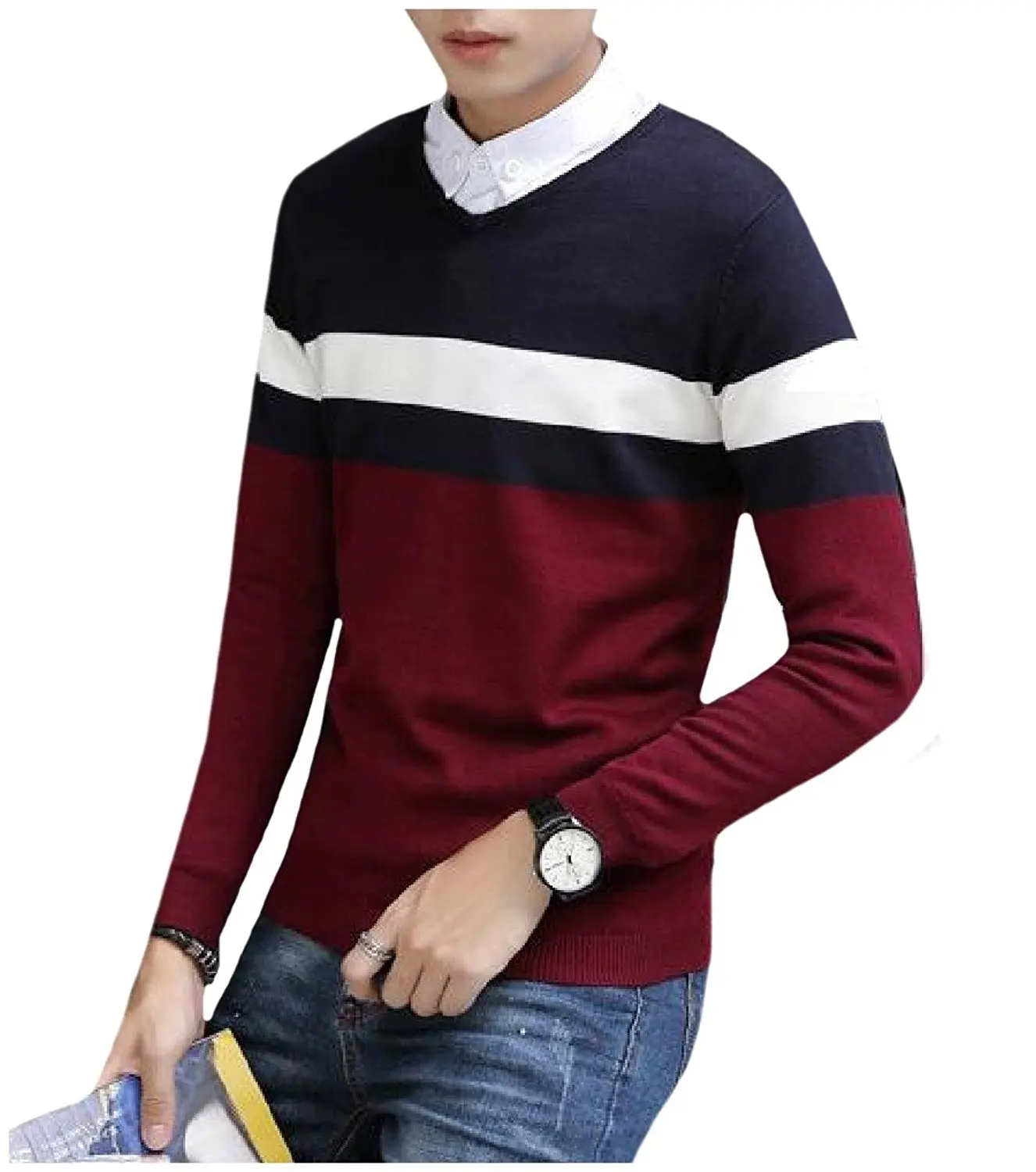 XiaoTianXin-men clothes XTX Men Cozy Fashionable Striped Contrast Color Sweaters Pullover