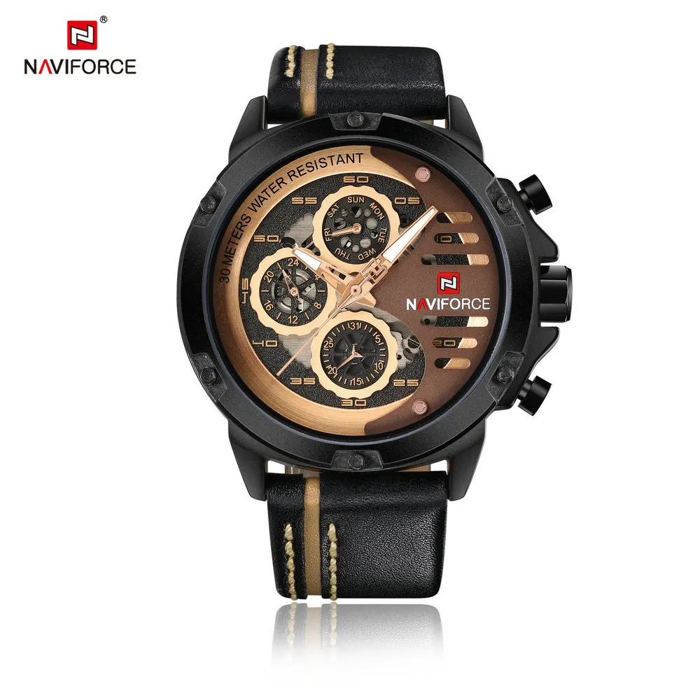 

NAVIFORCE 9110 Hot selling Men Waterproof 24 Hours Date Leather Skeleton Quartz Water Resistant Chronograph Watches, 5 different colors as picture