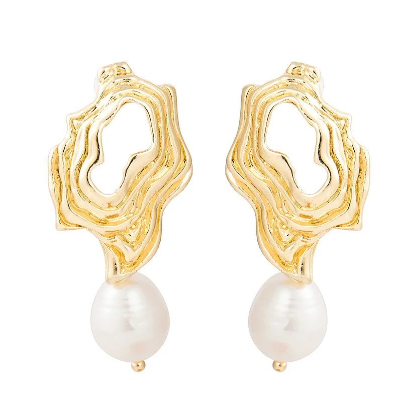 

Buy 10 Get 1 Free,Handmade Metal Hoop Gold Pearl Earring Real Gold Tone Geometric Metal with Baroque Fresh Water Pearl Earring, As picture