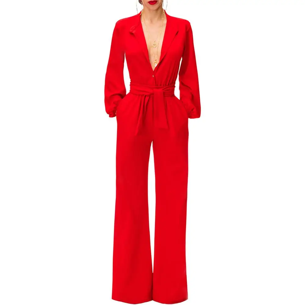 

2019 Red lantern sleeve belted wide leg jumpsuit
