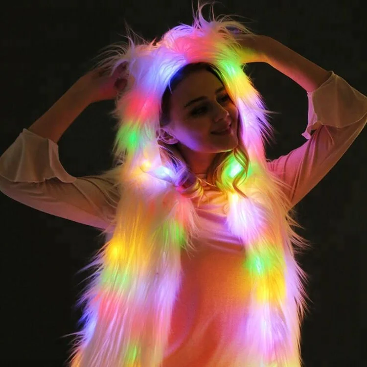 

Christmas Halloween Cosplay Rainbow Costume Clothes LED Hoodie Fur Lights Coats