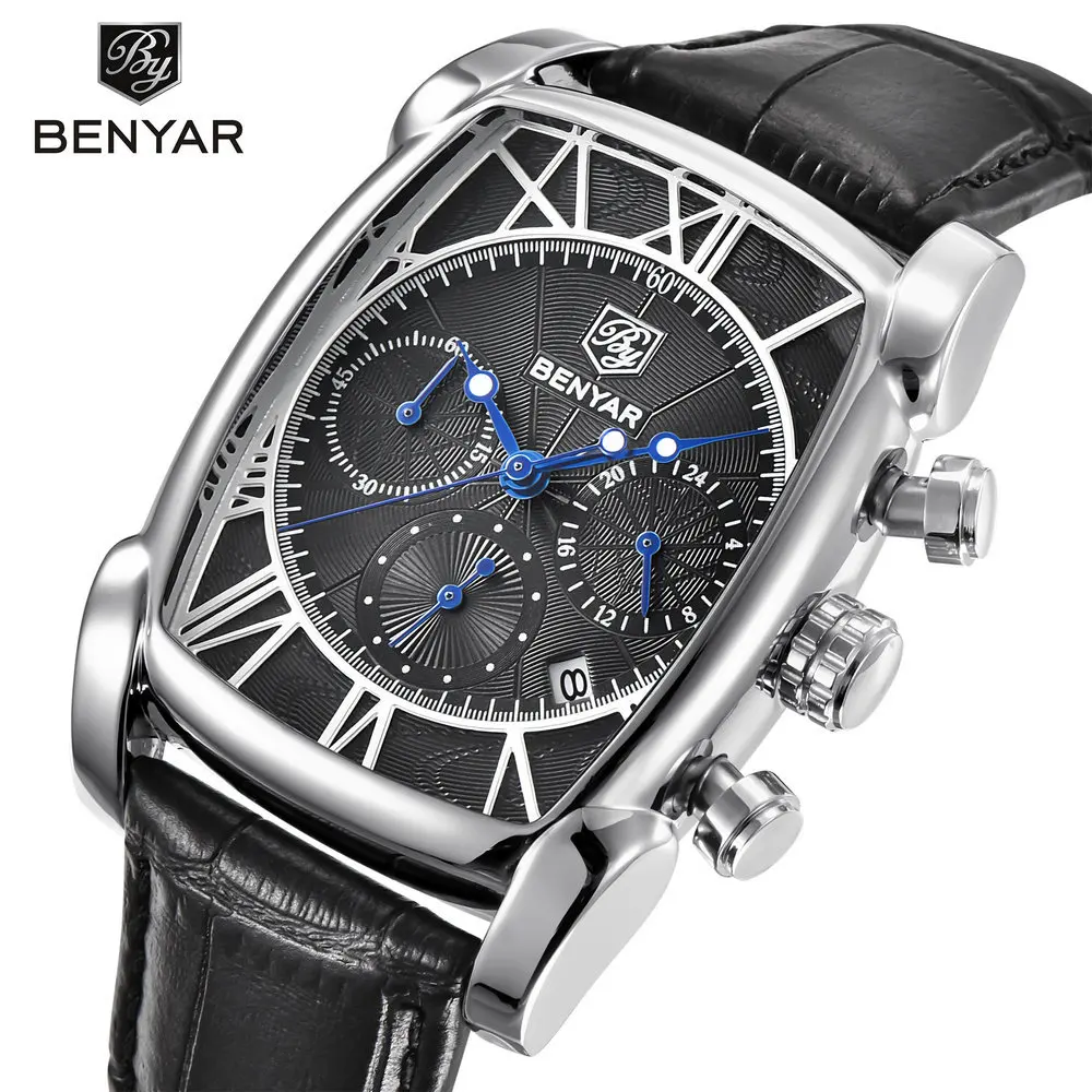 

BENYAR Fashion Sport Chronograph Men's Watches Waterproof 30M Genuine Leather Strap Luxury Classic Rectangle Case Quartz Watch, 4 colors