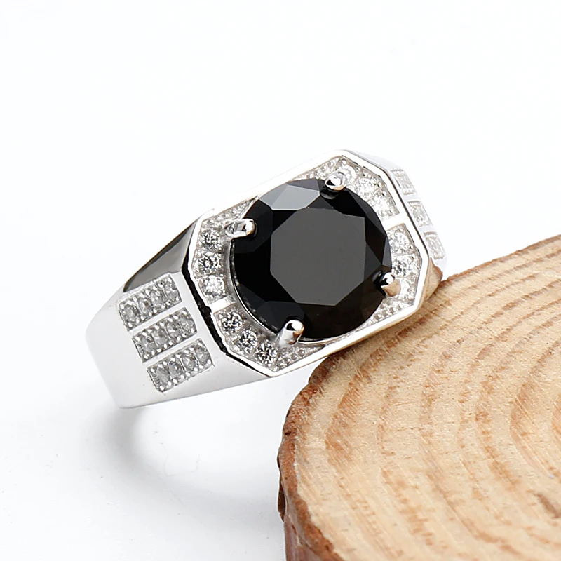 Wholesale Trendy 925 Sterling Silver Men Ring Black Stone With Small