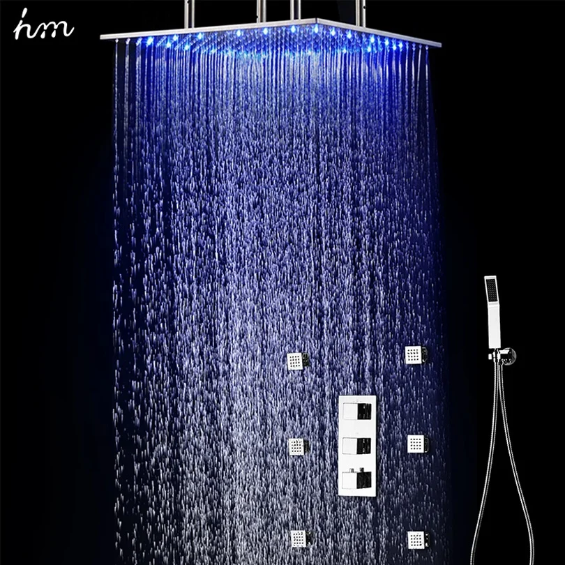 NEW Technological Mirror Stainless Steel Coating Square Ceiling Overhead Head Shower Set With LED Light