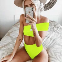 

2019 Popular Sexy Fluorescence Green Bikini Set One Shoulder Swimsuits For Women Two Piece Swimwear