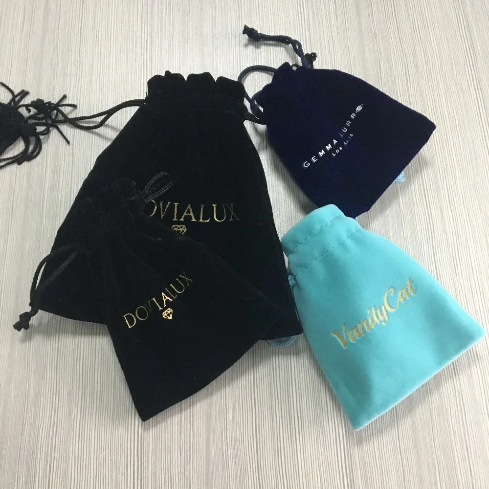 Soft Touch Single Color Navy Blue with Silk Printing Logo Flocking Jewelry Velvet Pouch