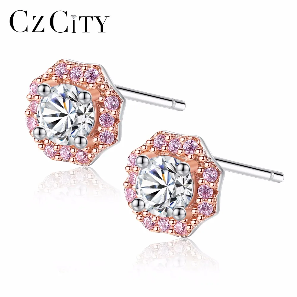 

CZCITY Hot Rose Flower 925 Sterling Silver Stud Earring With Clear&Pink Zircon Crystal Earring For Women Anniversary Gift