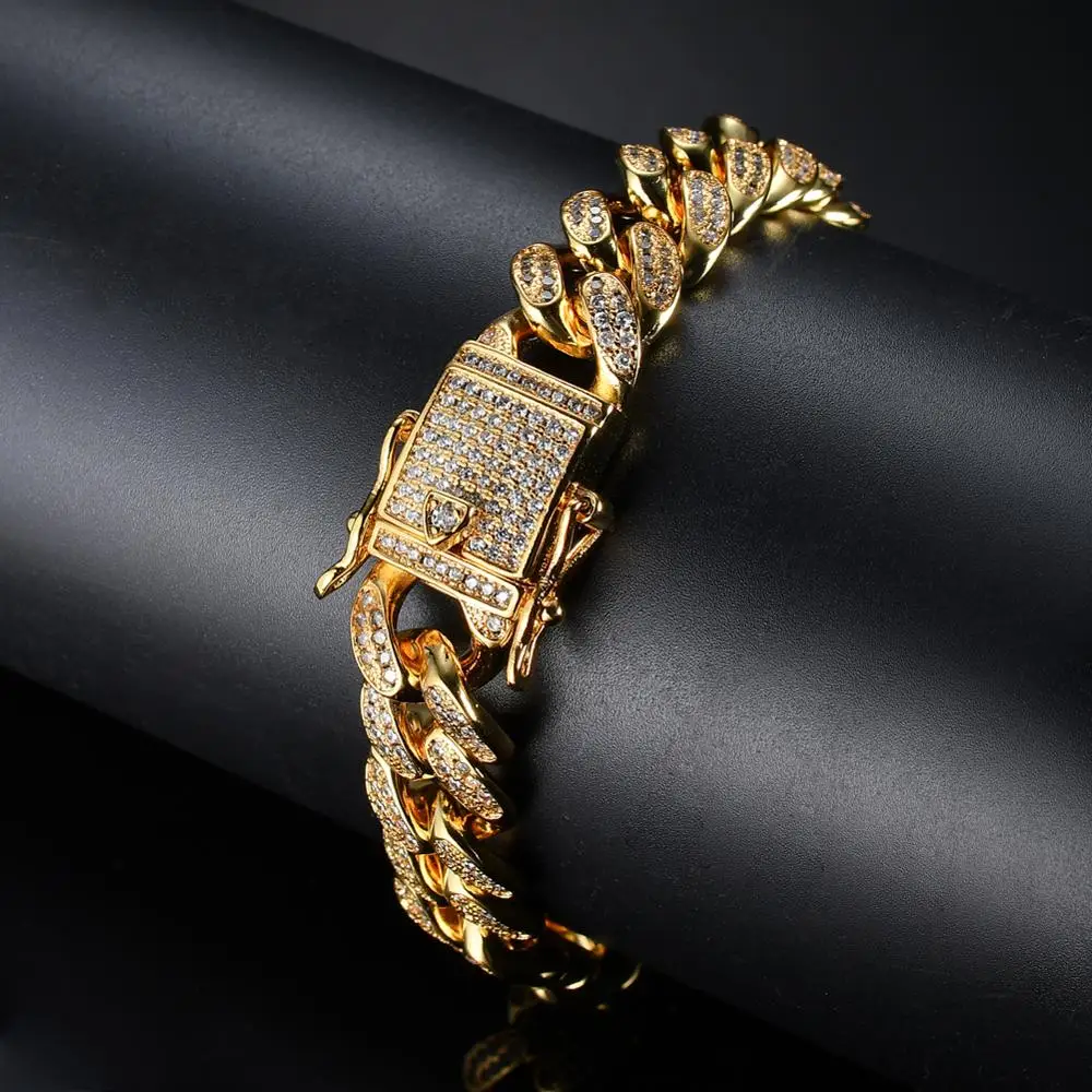 

12mm 7inch 8inch 9inch Brass Iced Out Bling Chain Bracelet for men Jewelry Copper CZ Cuban Bracelet hip hop B011
