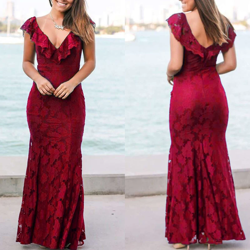 

Guangdong Formal Dress Slim Body Sexy Frocks Cut Out Lace V-Plunge Front And Back Ruffles Evening Skirt, Black;red;rose