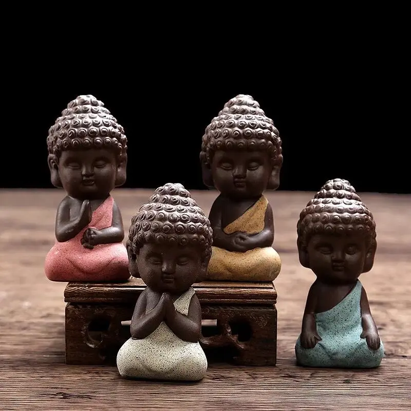 
Ceramic craft 4 Pieces Traditional Cute Small little Buddha Statues budda porcelain figurines pottery tea pet 