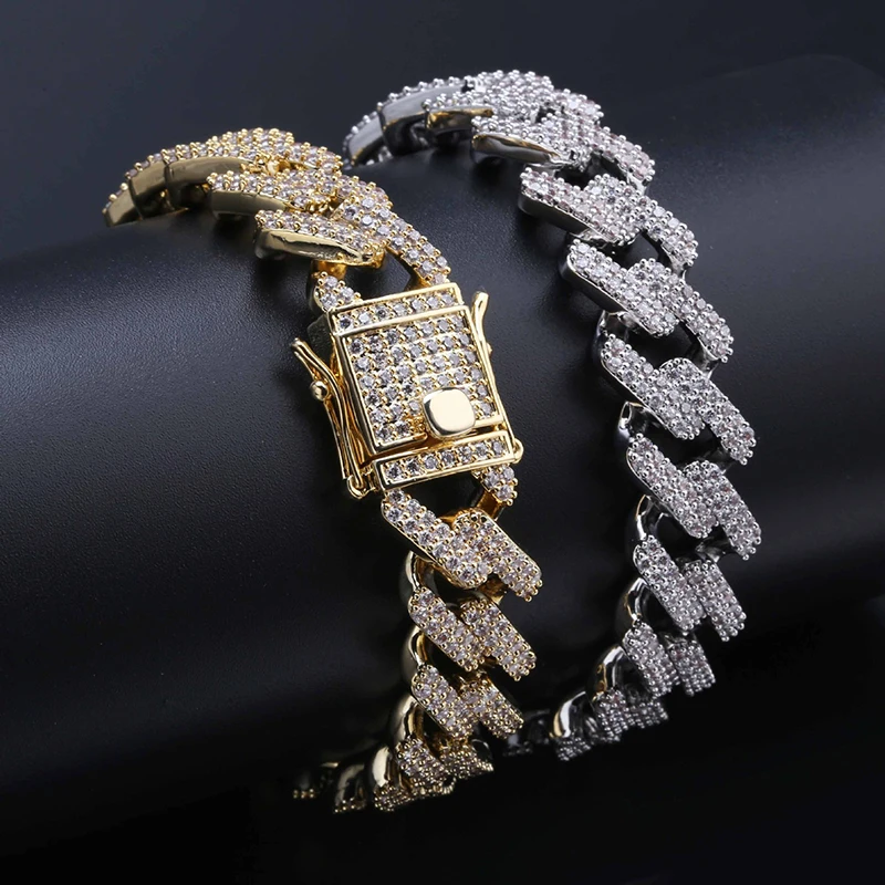 

Fashion 14mm Hip Hop Cuban Link Bracelet AAA Cubic Zircon Iced Out Charm Chain Bracelet (KHP029), As picture