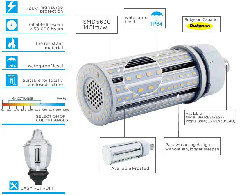 Outdoor waterproof 54w LED Parking Lot shoebox Light E39 led corn lamp with UL DLC approved for 5years warranty IP65