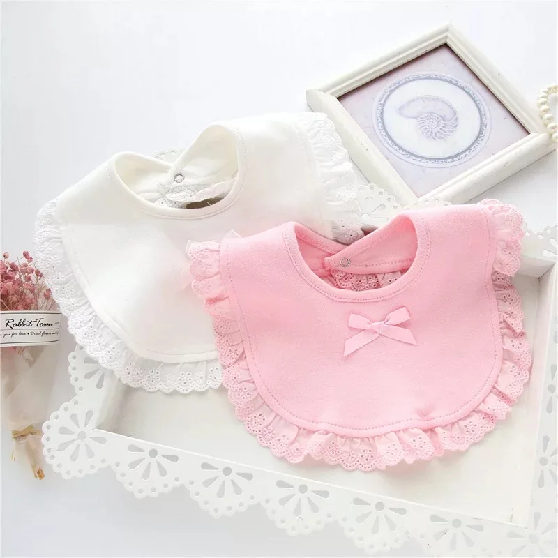 

Hot Selling Solid color infant saliva towel Lace embroidery baby bib