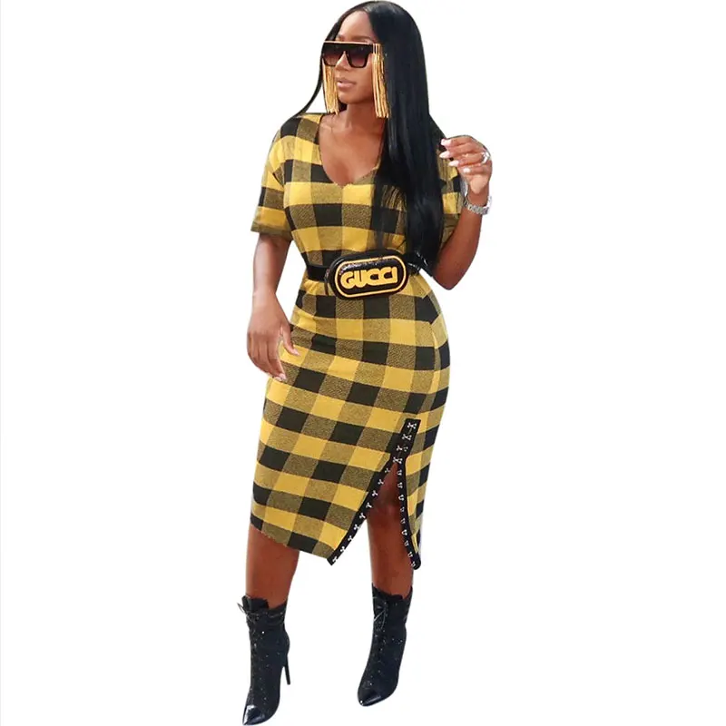

Casual Grids Printed Yellow Mid Calf Dress Item NO: L36313