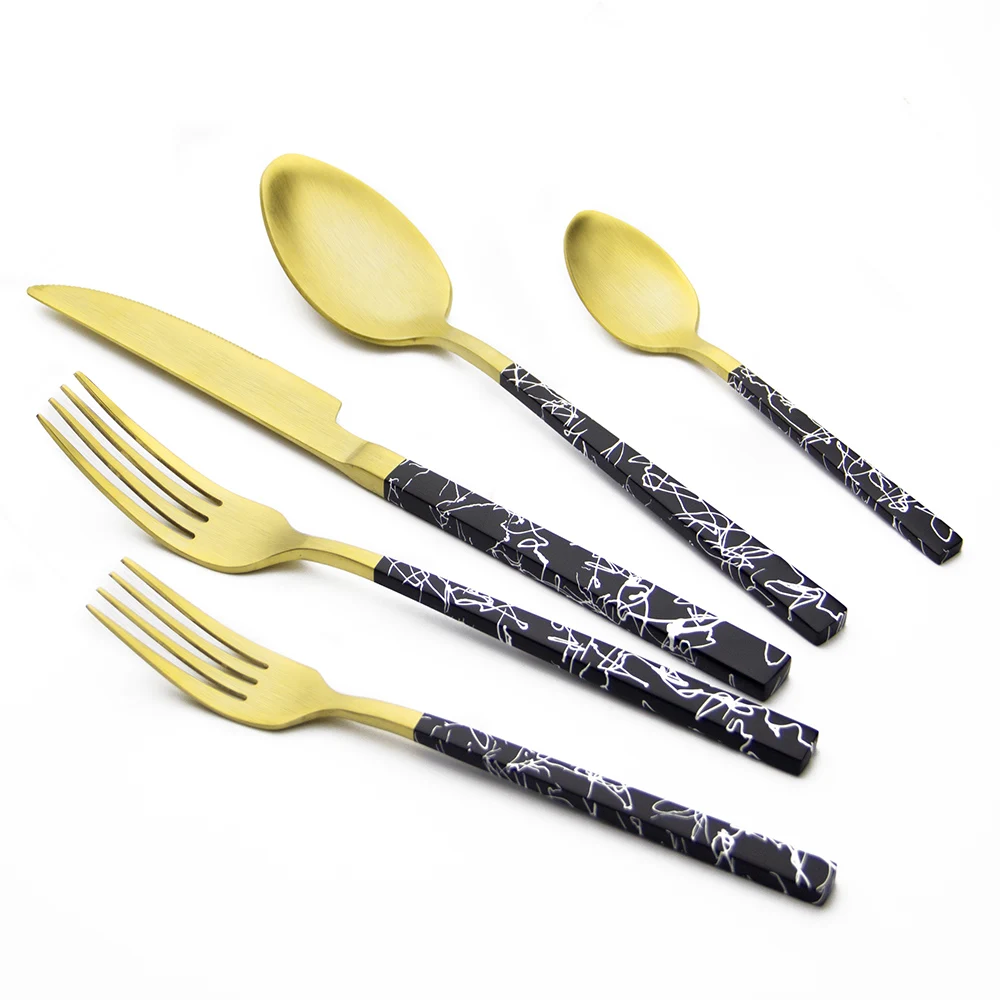 Matte Gold Plated 18/10 Stainless Steel Black Handle With Marble Stripe