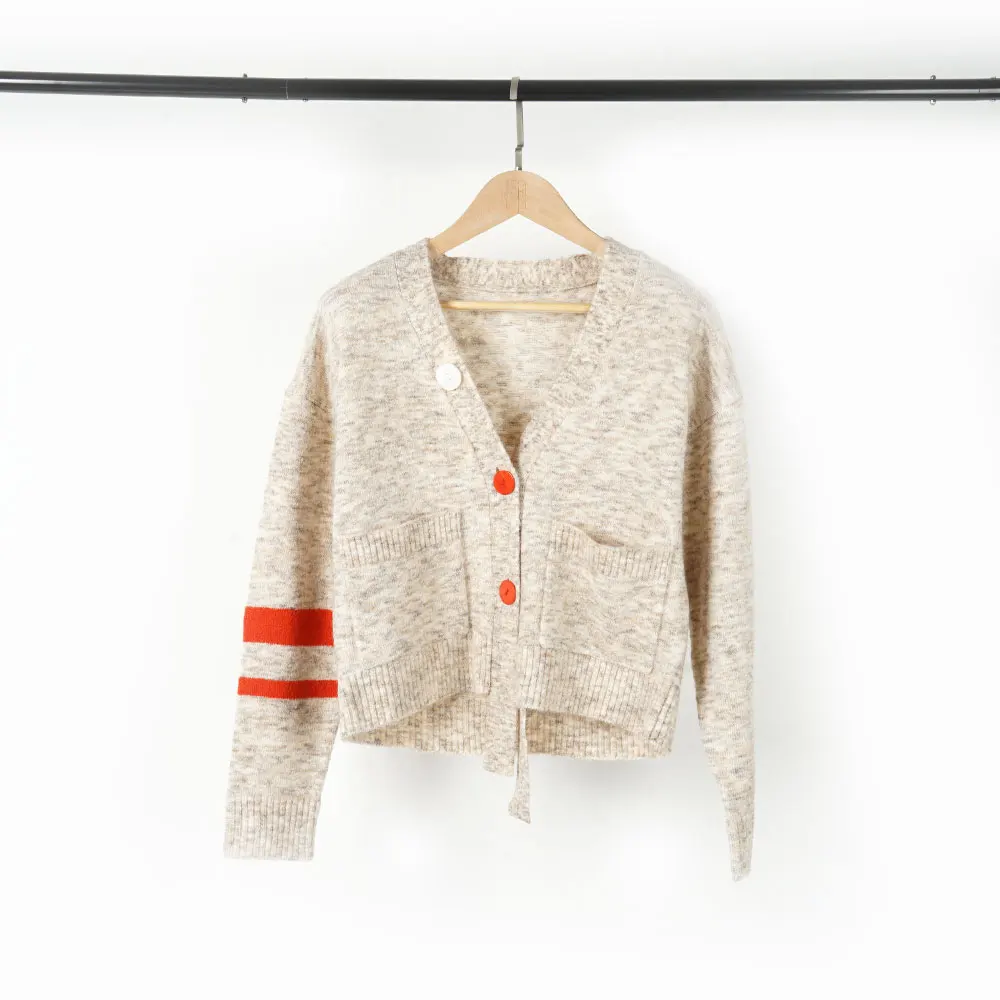 

Soft Casual Lady Knitted Sweater Cardigan with Stripe Sleeve, Beige melange