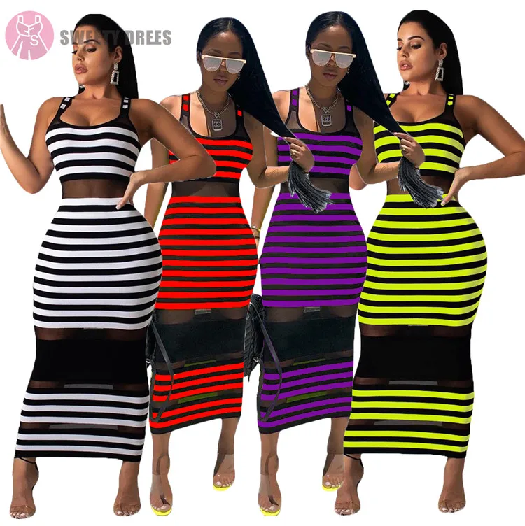 

9S00960 Hot sale women Striped sleeveless casual maxi dress pleated bandage dress, N/a