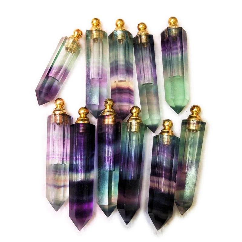 

Genuine rainbow fluorite carved gemstone perfume bottle pendant Essential Oil Diffuser pointed fluorite stone necklace, Multi