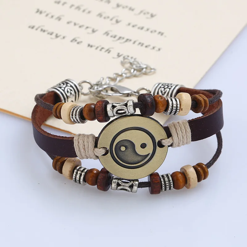 

Vintage Chinese Yingyang Metal Charm Bracelet Leather Bracelet Men Hot Selling Accessories Jewelry