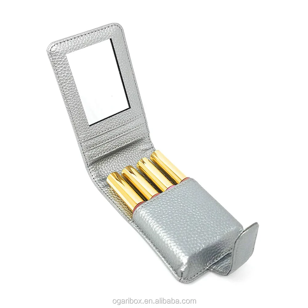 Pu Lipstick Case Leather Lip Gross Sleeve With Mirror And Three Card